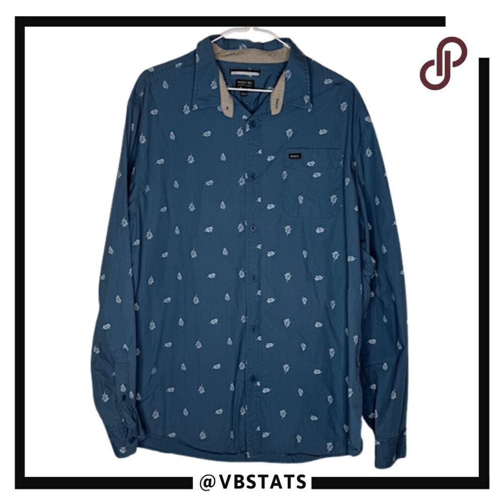 RVCA Men's Slim Leaves Print Long Sleeve Button Down Shirt Navy Blue Size 2XL